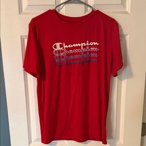 Champion Red Tee with Multicolor Script Logo